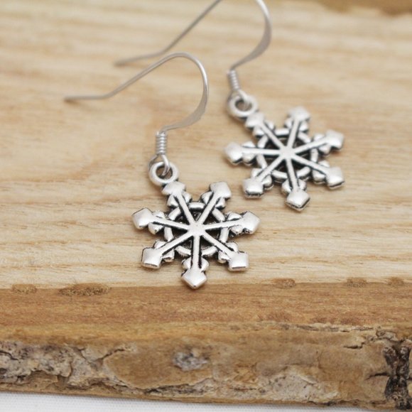 Silver Snowflake Charm Earrings - Picture 2 of 8